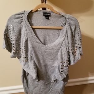 Gray & Silver Studded V Neck Sweater